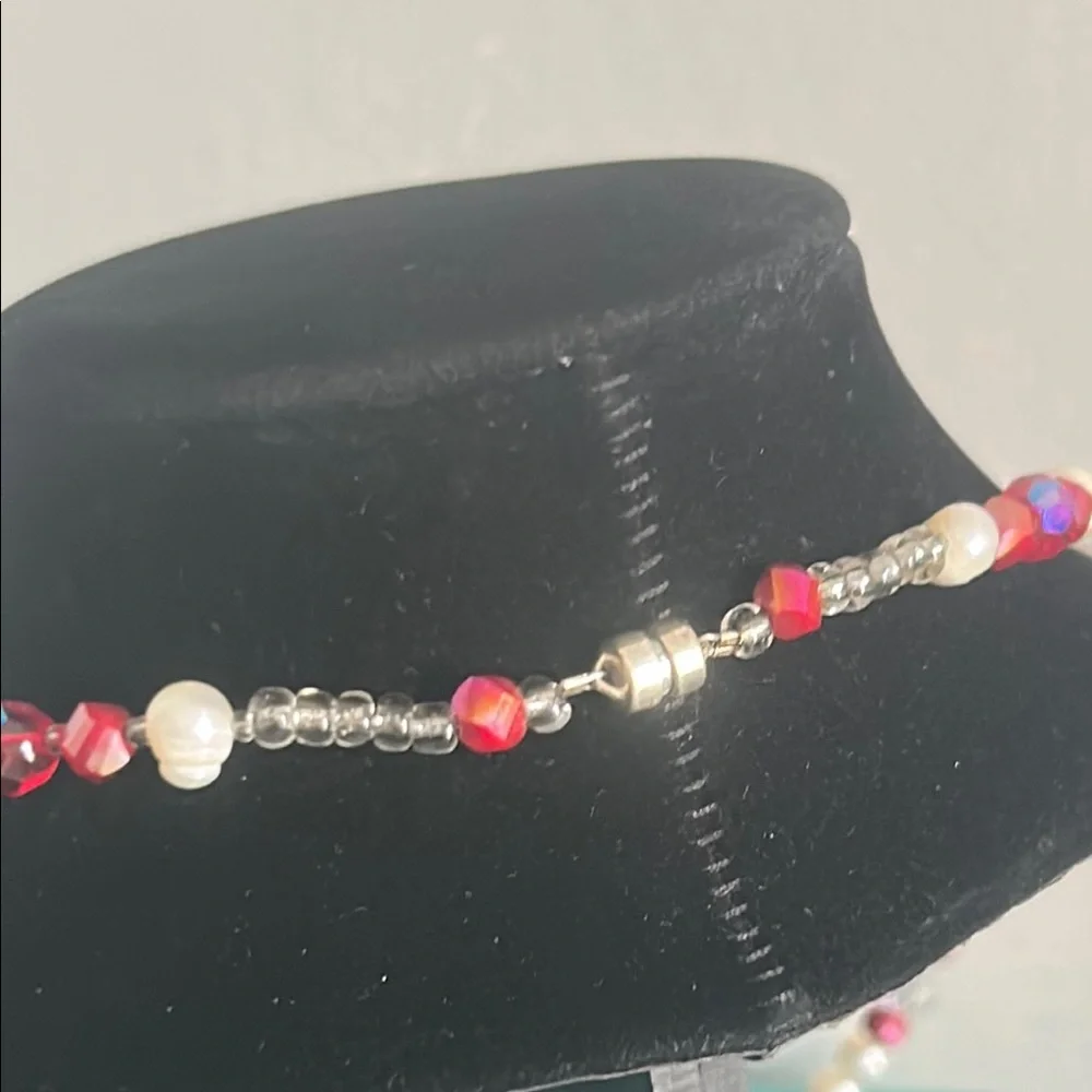Hand Crafted Classic White Freshwater Pearl and Red Faceted Beaded Necklace Set